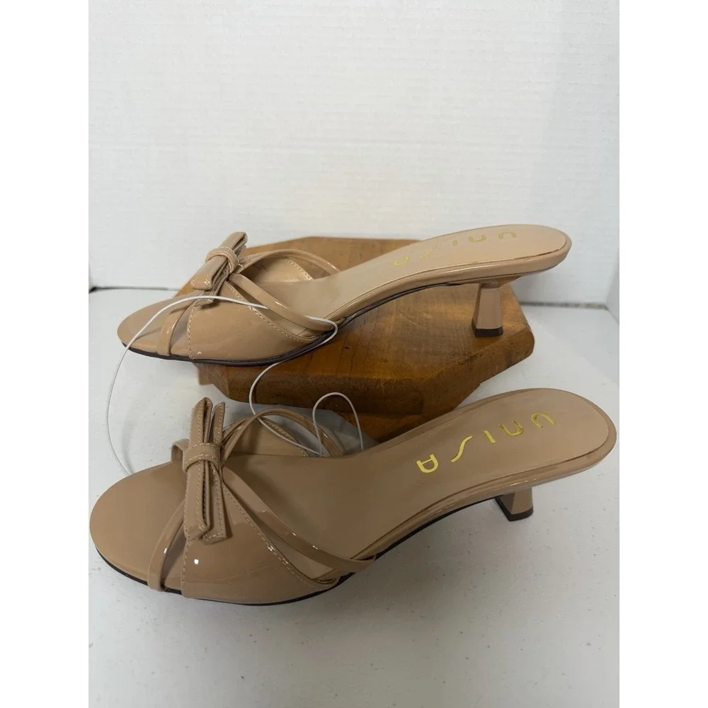 Unisa Nude Patent Bow Mule Heels Womens‎ 7.5M Slip On Kitten Heel Sandals NWOB